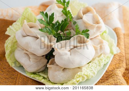 Frozen Dumplings On The White Plate With Green