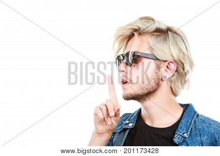 Hipster Artistic Man With Sunglasses, Silence Gesture