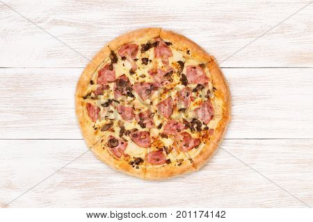 Pizza on wooden table top view. Fast food Delicious. Post blog social media. View from above with copy space. Banner template layout mockup top view on pizza. Pizza ready to eat.