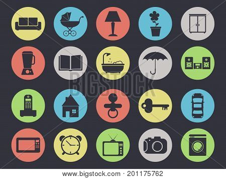 Household appliances and furniture icon set isolated on black