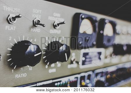 Recording studio equipment. Selective focus. Recording and mixing concept.