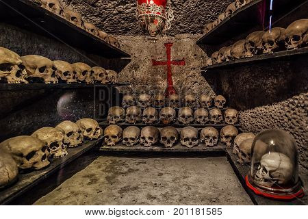 Human skulls in ossuary at Inkerman monastery, Crimea