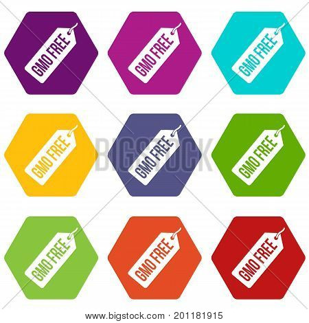 GMO free price tag icon set many color hexahedron isolated on white vector illustration
