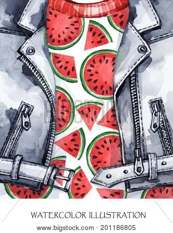 Watercolor illustration. Summer fruits card. Hand painted leather jacket with fresh watermelon. Healthy style. Ready for print, poster, fashion design, T-shirts, bags, invitations, cards pillows
