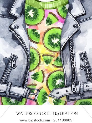 Watercolor illustration. Summer fruits card. Hand painted leather jacket with fresh kiwi. Healthy style. Ready for print, poster, fashion design, T-shirts, bags, invitations, cards pillows