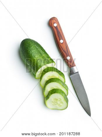Fresh sliced cucumber isolated on white background. Cucumber and knife.