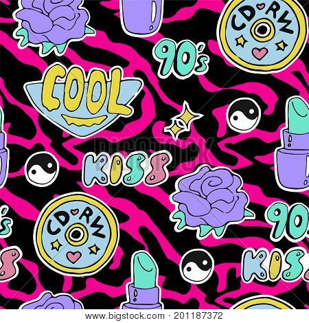 Bright seamless pattern with fashion patch badges CD, rose, lipstick etc on pink zebra print background 80s 90s style.animal print .vector