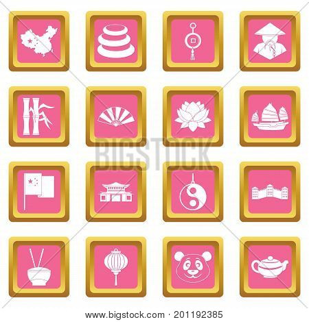 China travel symbols icons set in pink color isolated vector illustration for web and any design