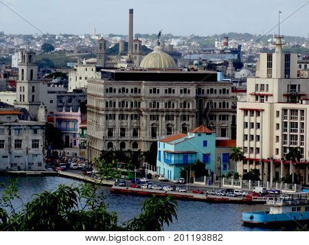 Overlooking the port of Havana, Cuba and buildings.