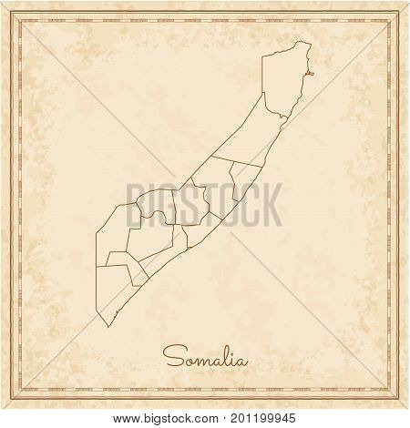Somalia Region Map: Stilyzed Old Pirate Parchment Imitation. Detailed Map Of Somalia Regions. Vector