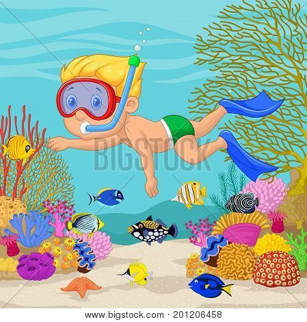 Vector illustration of Little boy snorkeling on sea