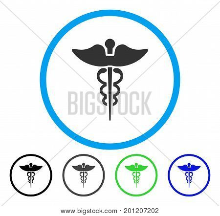 Caduceus rounded icon. Vector illustration style is a flat iconic symbol inside a circle, black, grey, blue, green versions. Designed for web and software interfaces.