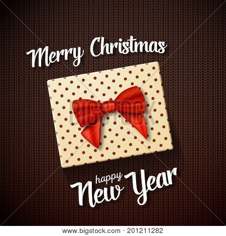 Illustration of Vector Marry Christmass Greeting Card. Realistic Gift Box with Red Ribbon on Kneeted Pattern Background