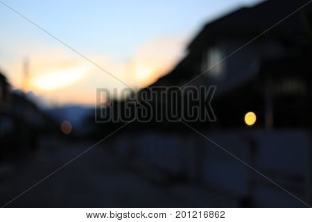 Night Street In Residential House Building Village Suburb , Image Blur Background