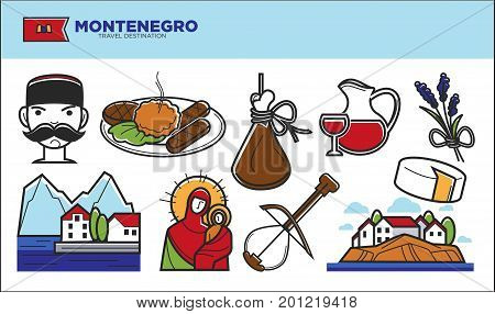 Montenegro travel destination vector illustration. National cuisine, man with mustache in hat, delicious drink in decanter, landscape with nature and houses, musical instrument and religious icon.
