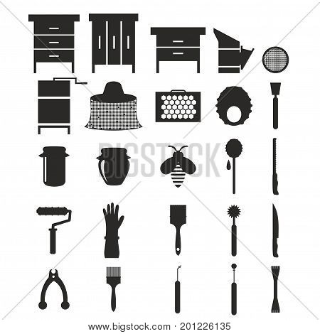 Flat black silhouette design elements of Beekeeping and apiculture. Beekeeper Tools and equipment set. Apiary Instrument isolated. Beehive and Honeycomb. Honey in jar