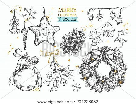 Merry Christmas collection with hand drawn illustrations . Vector. Isolated objects