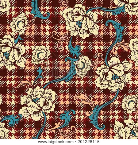 Eclectic fabric plaid seamless pattern with baroque ornament. Vector background.