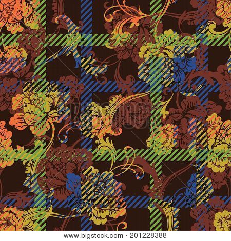 Eclectic fabric plaid seamless pattern with baroque ornament. Vector background.