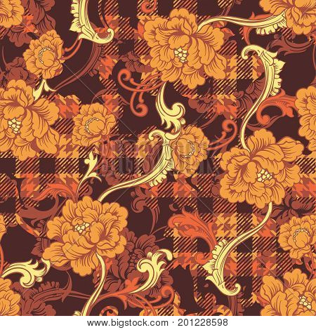 Eclectic fabric plaid seamless pattern with baroque ornament. Vector background.