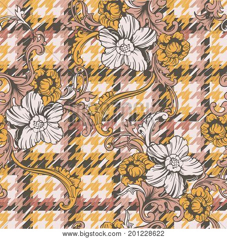 Eclectic fabric plaid seamless pattern with baroque ornament. Vector background.