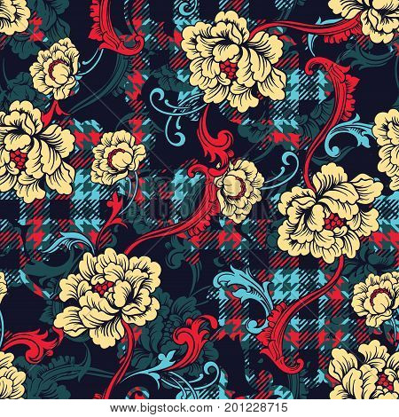Eclectic fabric plaid seamless pattern with baroque ornament. Vector background.