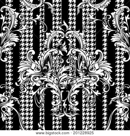 Eclectic fabric plaid seamless pattern with baroque ornament. Vector background.