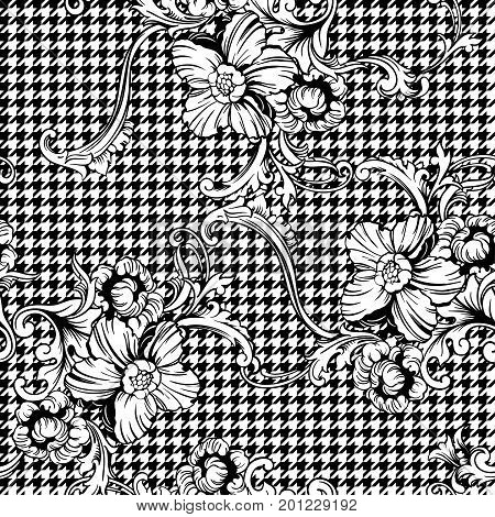 Eclectic fabric plaid seamless pattern with baroque ornament. Vector background.
