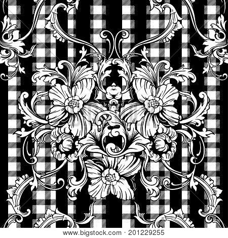 Eclectic fabric plaid seamless pattern with baroque ornament. Vector background.