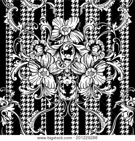 Eclectic fabric plaid seamless pattern with baroque ornament. Vector background.