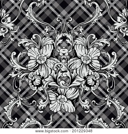 Eclectic fabric plaid seamless pattern with baroque ornament. Vector background.