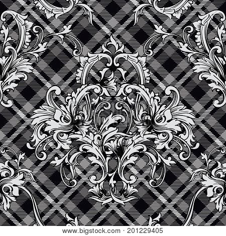 Eclectic fabric plaid seamless pattern with baroque ornament. Vector background.