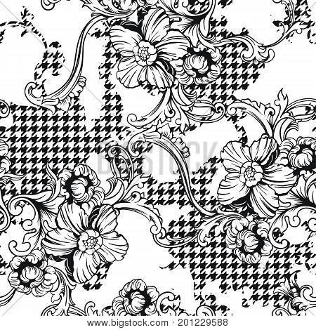 Eclectic fabric plaid seamless pattern with baroque ornament. Vector background.