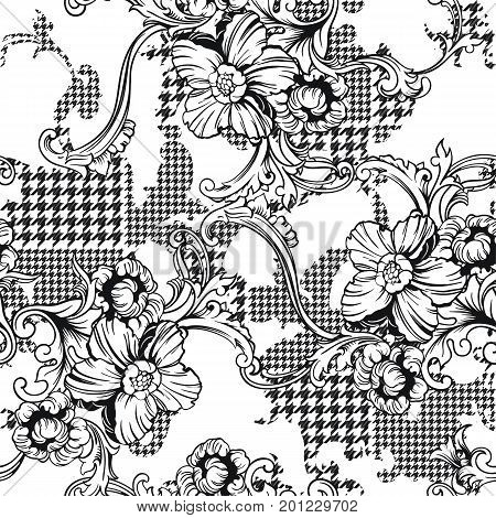 Eclectic fabric plaid seamless pattern with baroque ornament. Vector background.