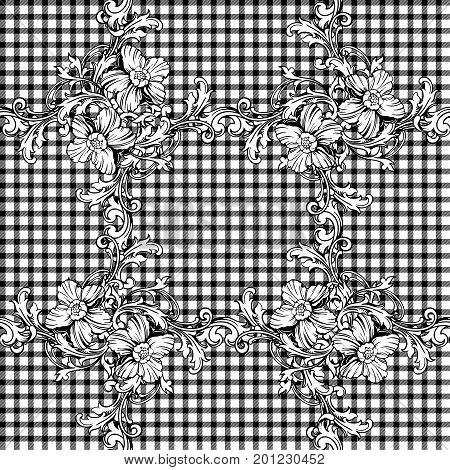 Eclectic fabric seamless black and white pattern. Geometric plaid  floral background with baroque ornament. Vector illustration