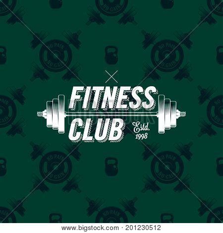 Fitness club logo on seamless pattern with dumbbells, vector illustration