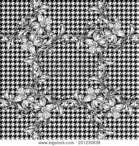 Eclectic fabric seamless black and white pattern. Geometric plaid  floral background with baroque ornament. Vector illustration
