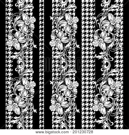 Eclectic fabric seamless black and white pattern. Geometric plaid  floral background with baroque ornament. Vector illustration