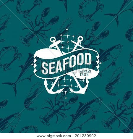 Seafood logo on seamless pattern with tuna, shrimp, crab and lobster, vector illustration