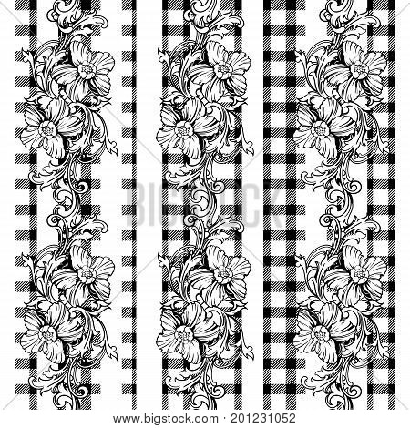 Eclectic fabric seamless black and white pattern. Geometric plaid  floral background with baroque ornament. Vector illustration