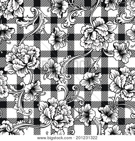 Eclectic fabric seamless black and white pattern. Geometric plaid  floral background with baroque ornament. Vector illustration