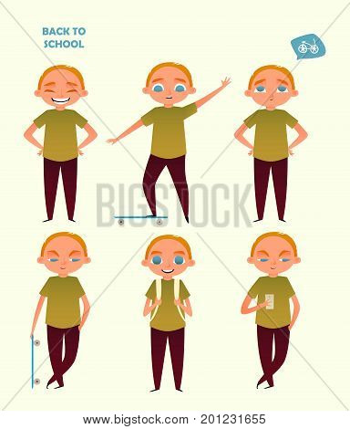 Back to school. Set of a boy in different poses. Vector illustration. Cartoon flat style.