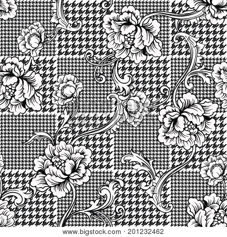 Eclectic fabric seamless black and white pattern. Geometric plaid  floral background with baroque ornament. Vector illustration