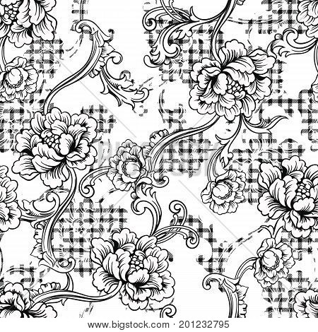 Eclectic fabric seamless black and white pattern. Geometric plaid floral background with baroque ornament. Vector illustration