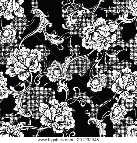 Eclectic fabric seamless black and white pattern. Geometric floral background with baroque ornament. Vector illustration