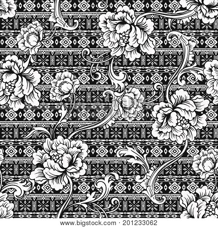 Eclectic fabric seamless black and white pattern. Geometric floral background with baroque ornament. Vector illustration