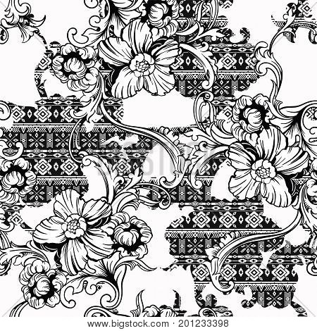 Eclectic fabric seamless black and white pattern. Geometric floral background with baroque ornament. Vector illustration