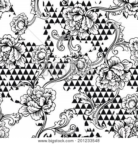Eclectic fabric seamless black and white pattern. Geometric floral background with baroque ornament. Vector illustration