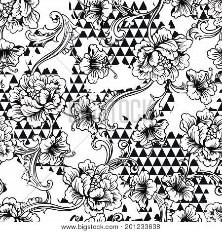 Eclectic fabric seamless black and white pattern. Geometric floral background with baroque ornament. Vector illustration