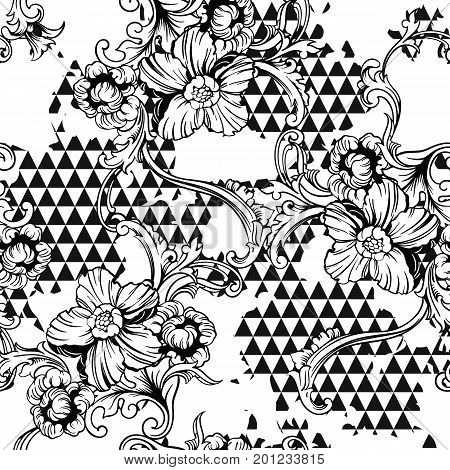 Eclectic fabric seamless black and white pattern. Geometric floral background with baroque ornament. Vector illustration
